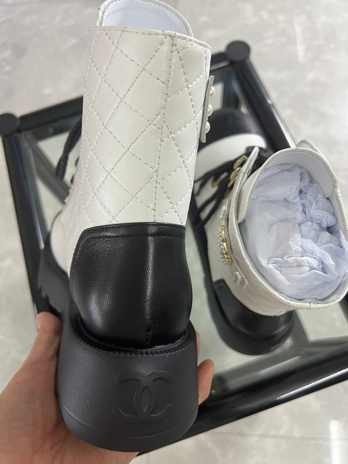 CC Combat Boots White Black Quilted Lambskin 944574
