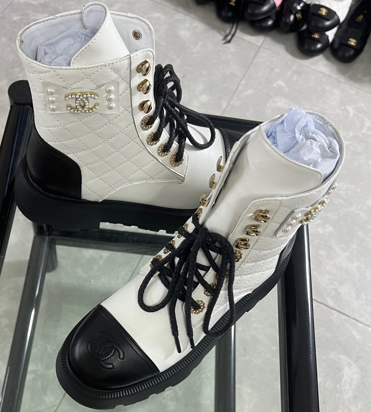 CC Combat Boots White Black Quilted Lambskin 944574