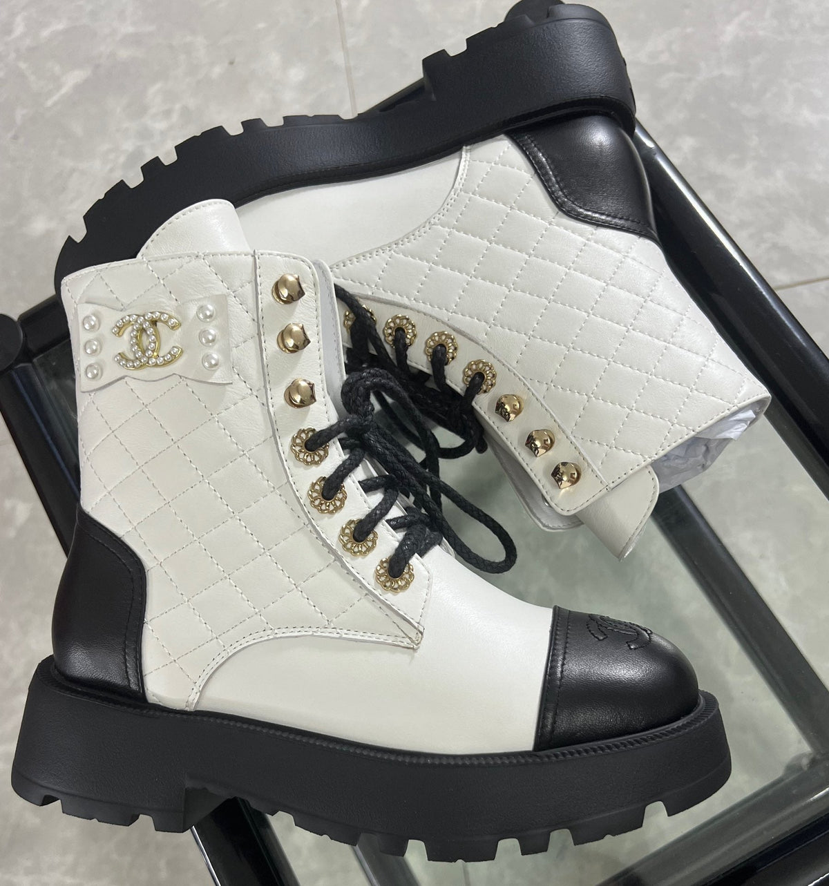 CC Combat Boots White Black Quilted Lambskin 944574