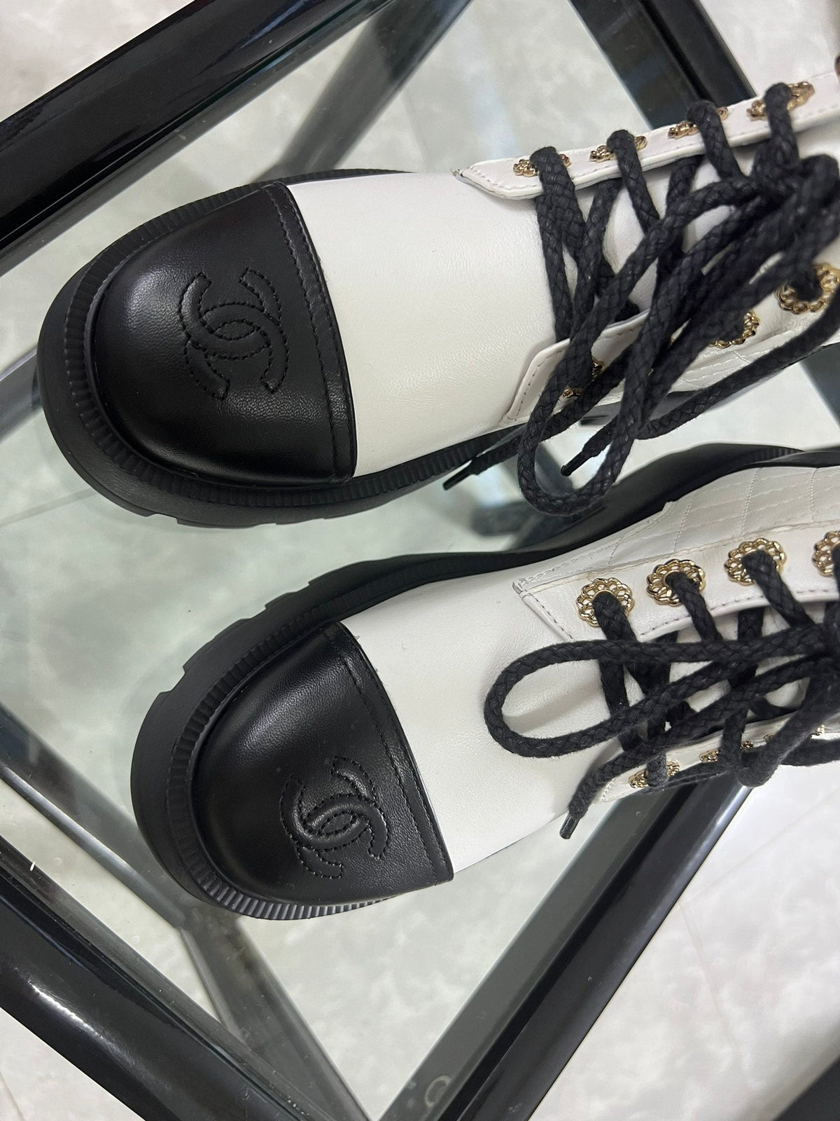 CC Combat Boots White Black Quilted Lambskin 944574