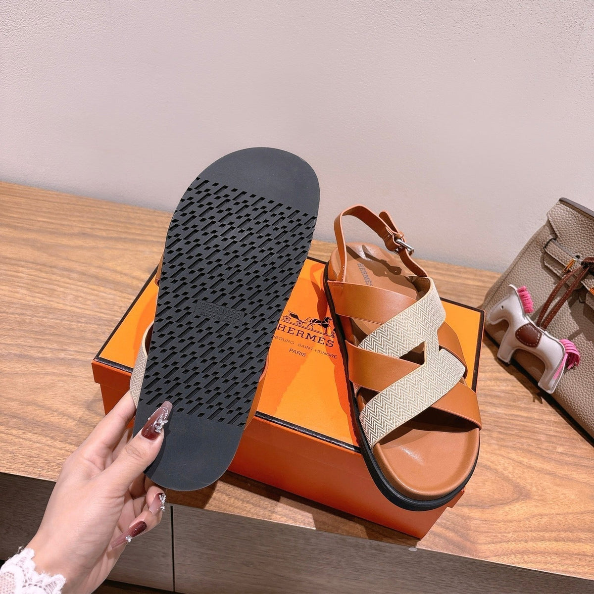 HM 25 Heracles Sandal Brown Calfskin Light Pink Canvas