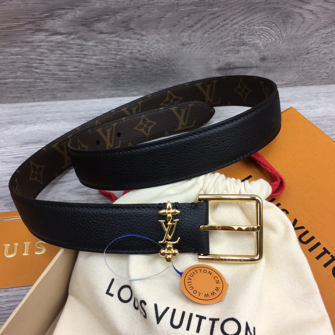 LV BLOOM 30MM BELT BLACK CALFSKIN GOLD HARDWARE