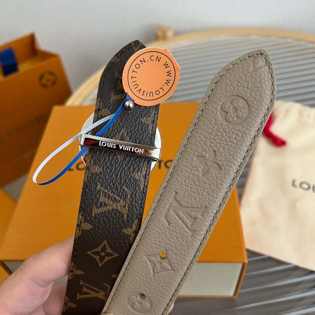 LV Flowergram Round 30mm Reversible Belt Grey Brown Empreinte Calfskin