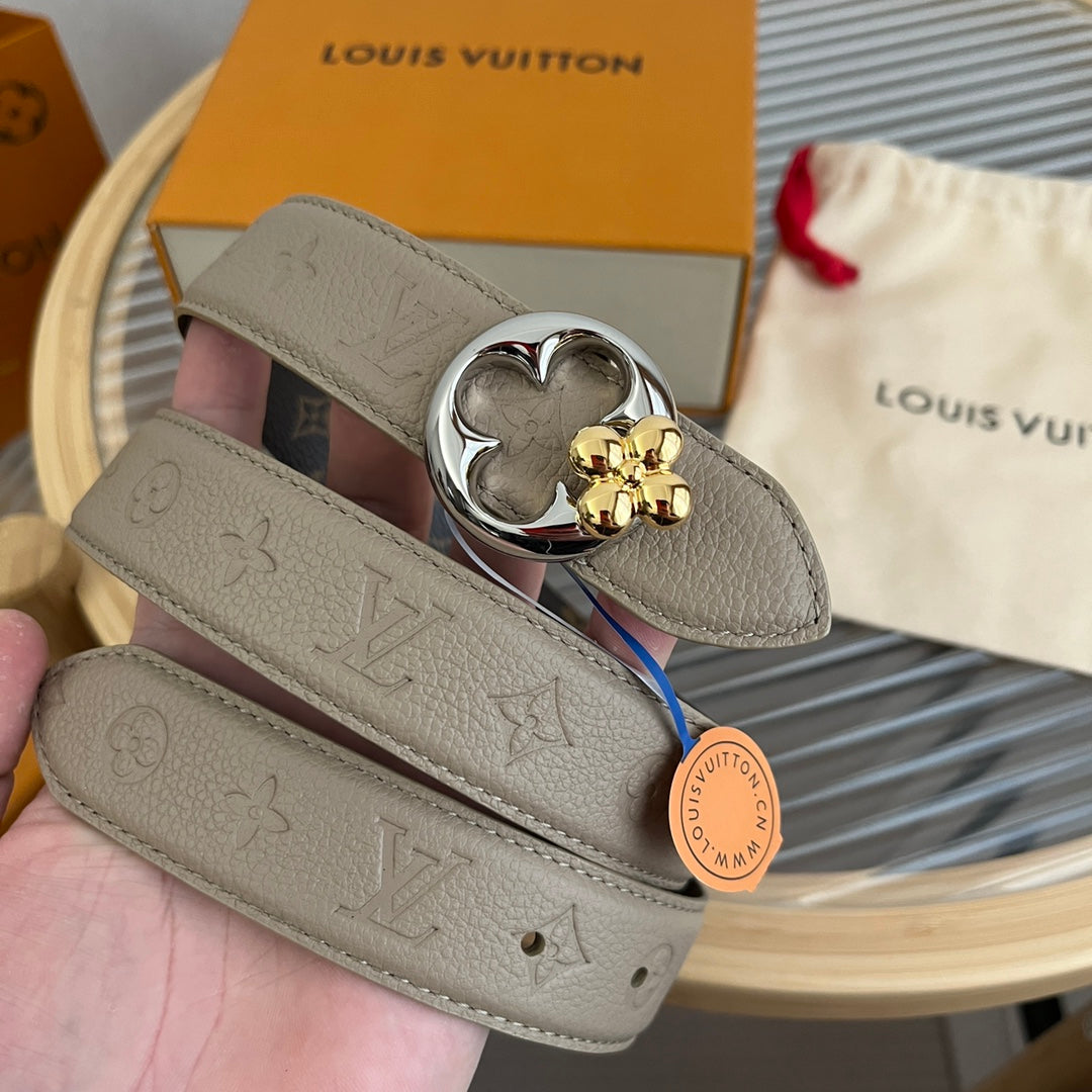 LV Flowergram Round 30mm Reversible Belt Grey Brown Empreinte Calfskin