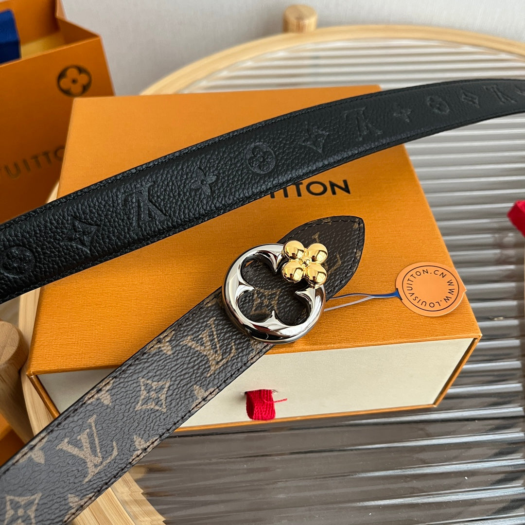 LV Flowergram Round 30mm Reversible Belt Black Brown Empreinte Calfskin