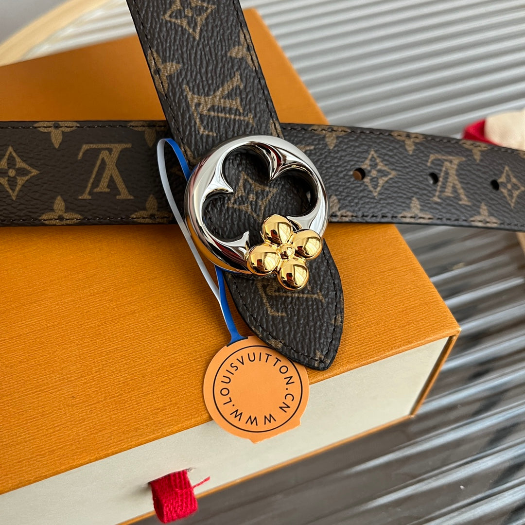LV Flowergram Round 30mm Reversible Belt Black Brown Empreinte Calfskin