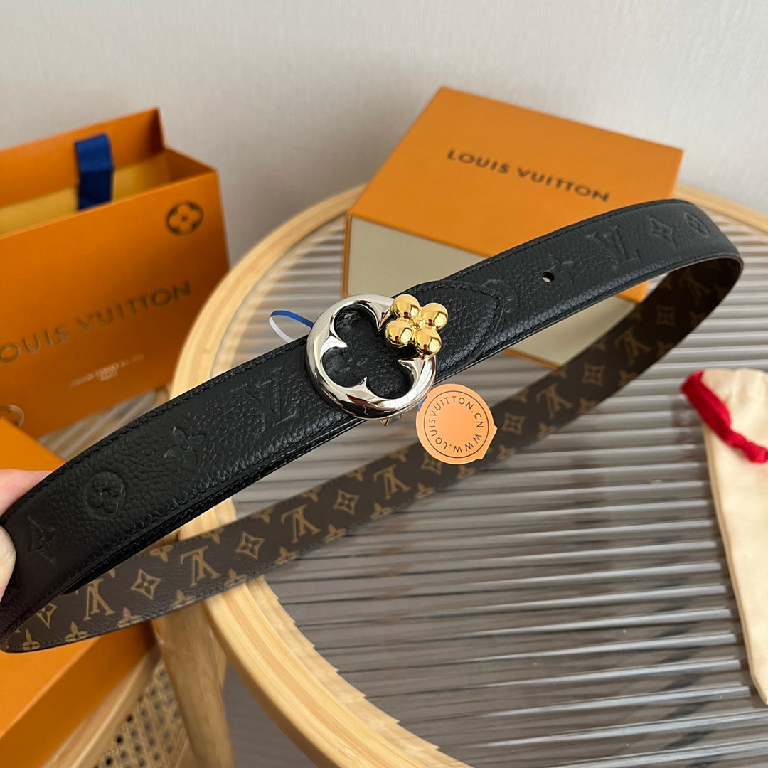 LV Flowergram Round 30mm Reversible Belt Black Brown Empreinte Calfskin