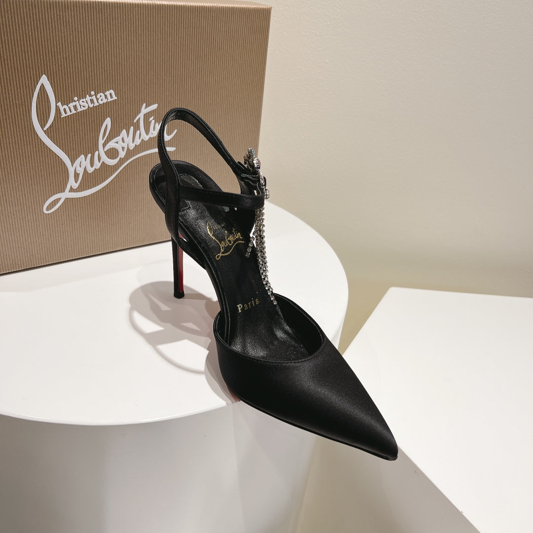 Cl Goldina Rain 100mm Pumps Crystal Buckle Embellished Satin Black