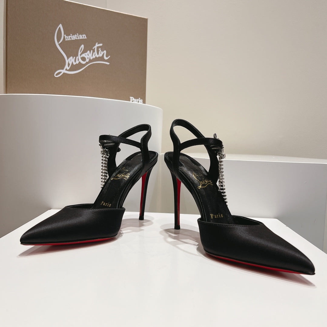 Cl Goldina Rain 100mm Pumps Crystal Buckle Embellished Satin Black