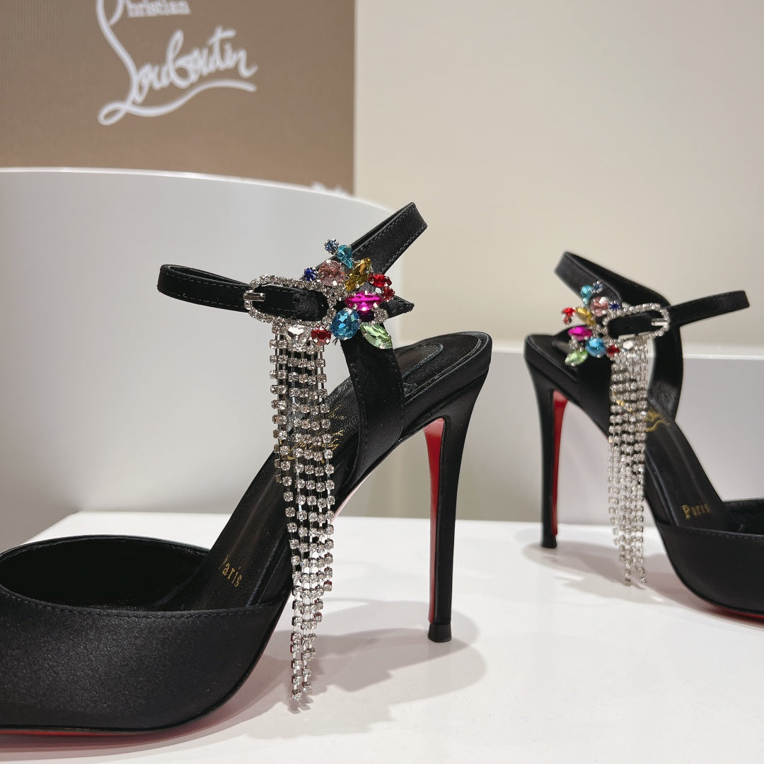Cl Goldina Rain 100mm Pumps Crystal Buckle Embellished Satin Black