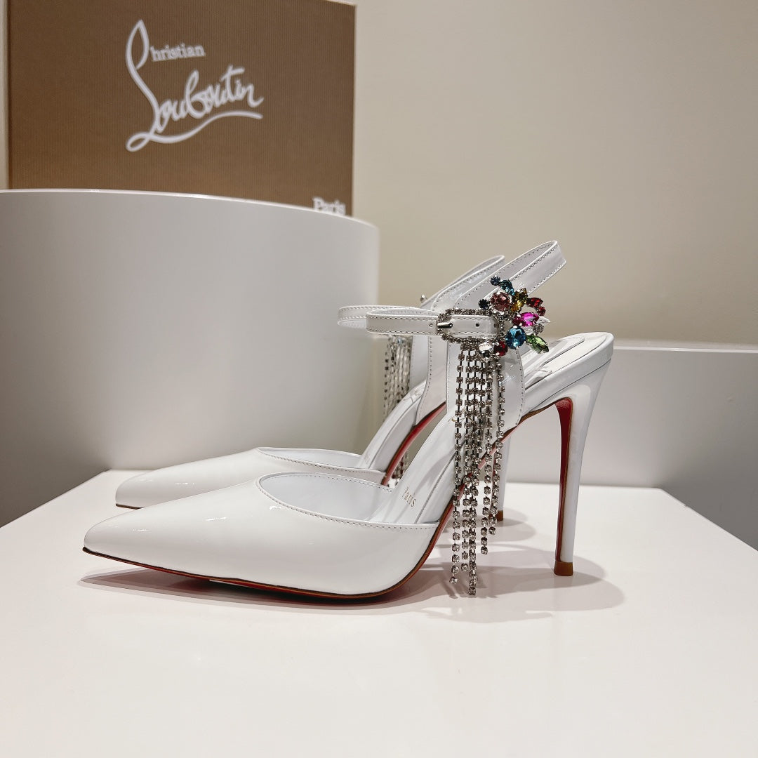 Cl Goldina Rain 100mm Pumps Crystal Buckle Embellished Patent White