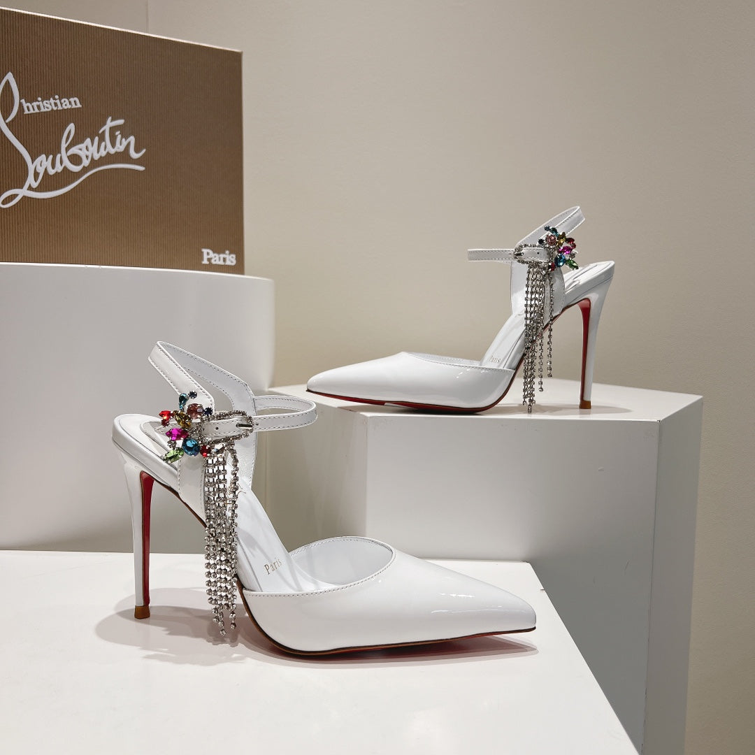 Cl Goldina Rain 100mm Pumps Crystal Buckle Embellished Patent White