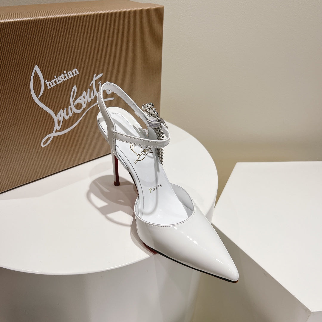 Cl Goldina Rain 100mm Pumps Crystal Buckle Embellished Patent White