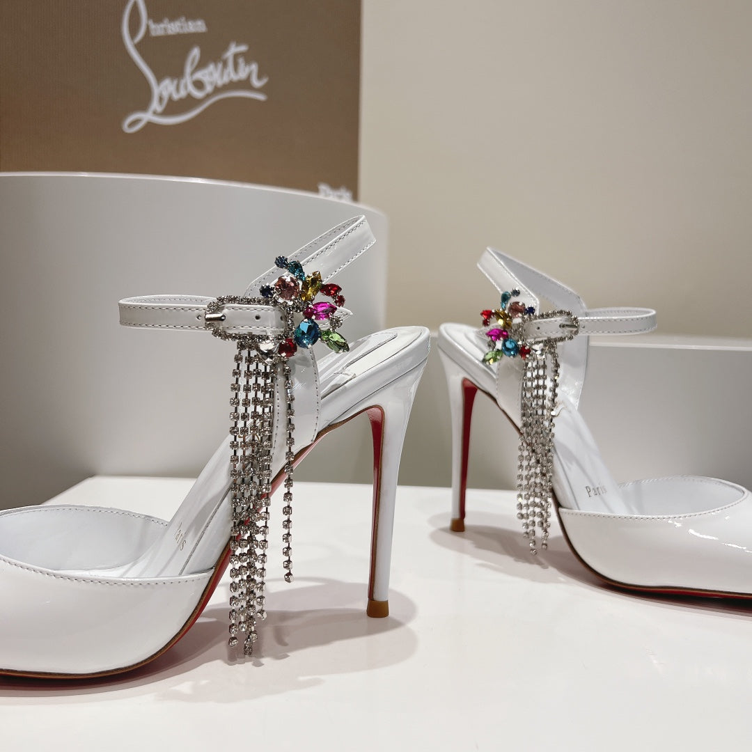 Cl Goldina Rain 100mm Pumps Crystal Buckle Embellished Patent White