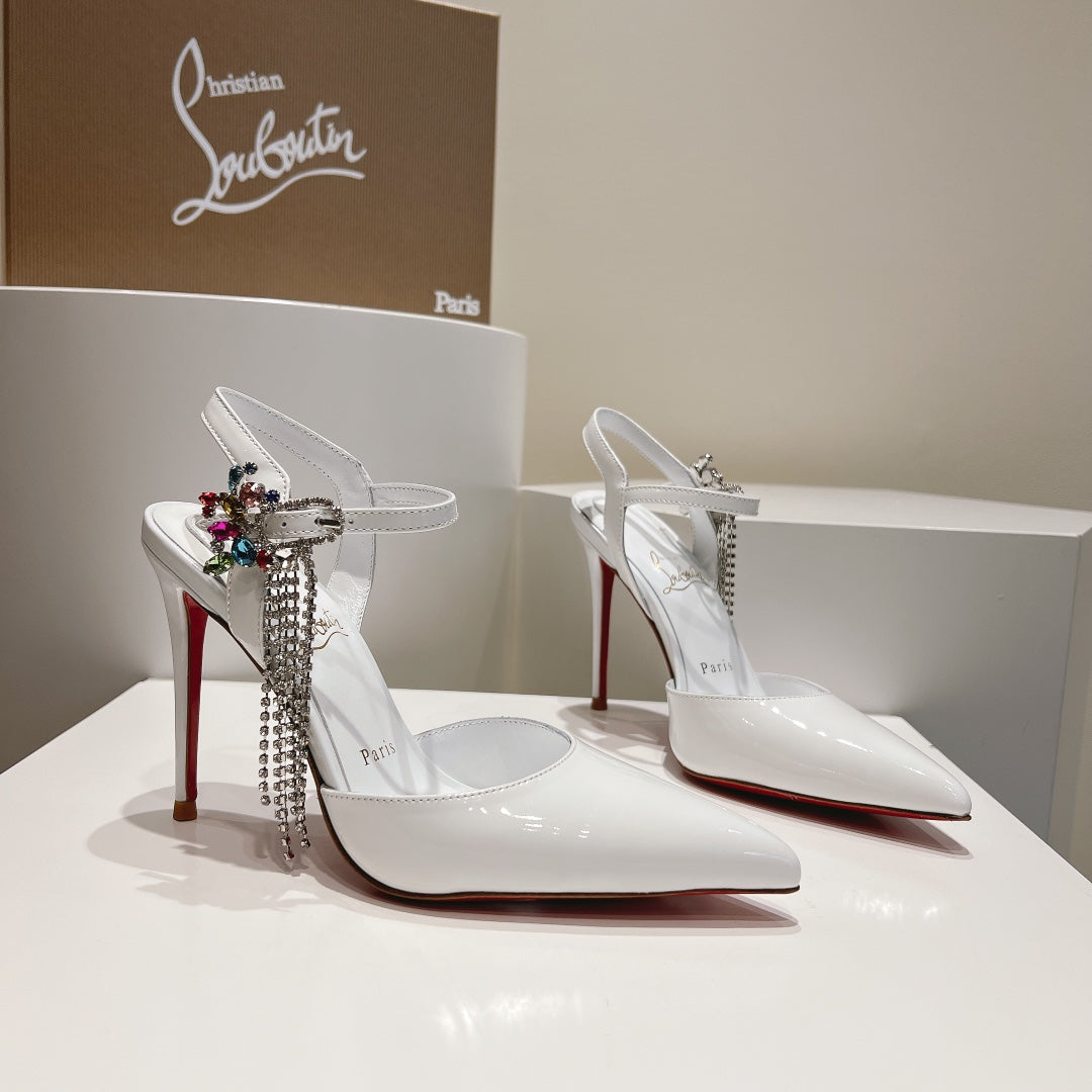Cl Goldina Rain 100mm Pumps Crystal Buckle Embellished Patent White