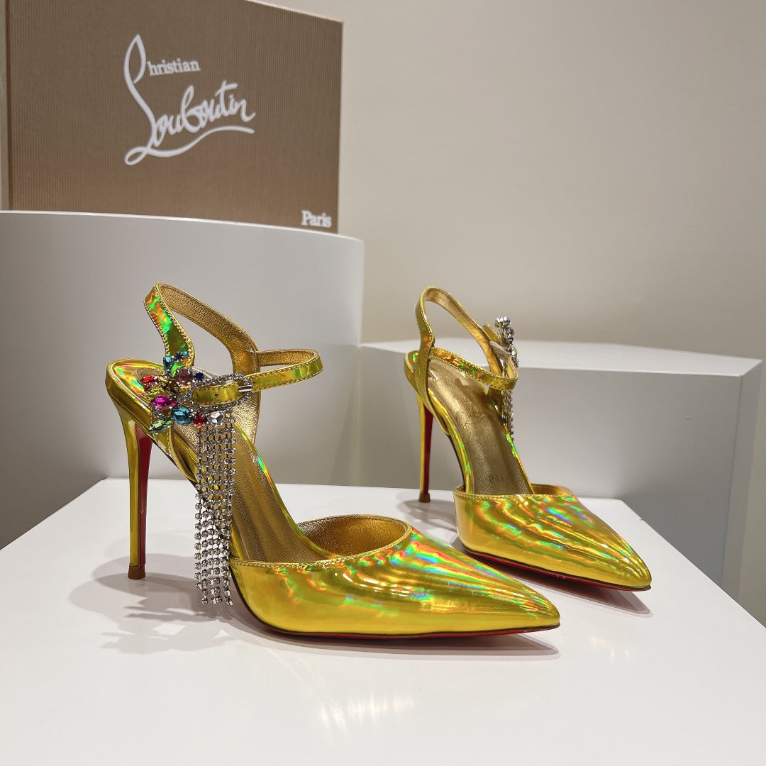 Cl Goldina Rain 100mm Pumps Crystal Embellished Patent Gold