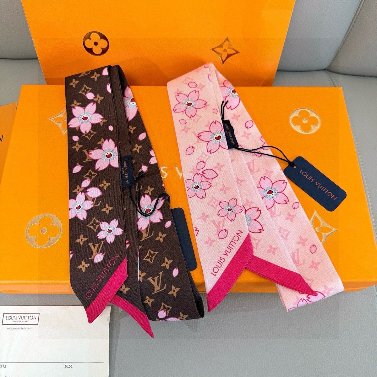 LV Twilly Scarf 120cm Brown Colorful Silk 965655