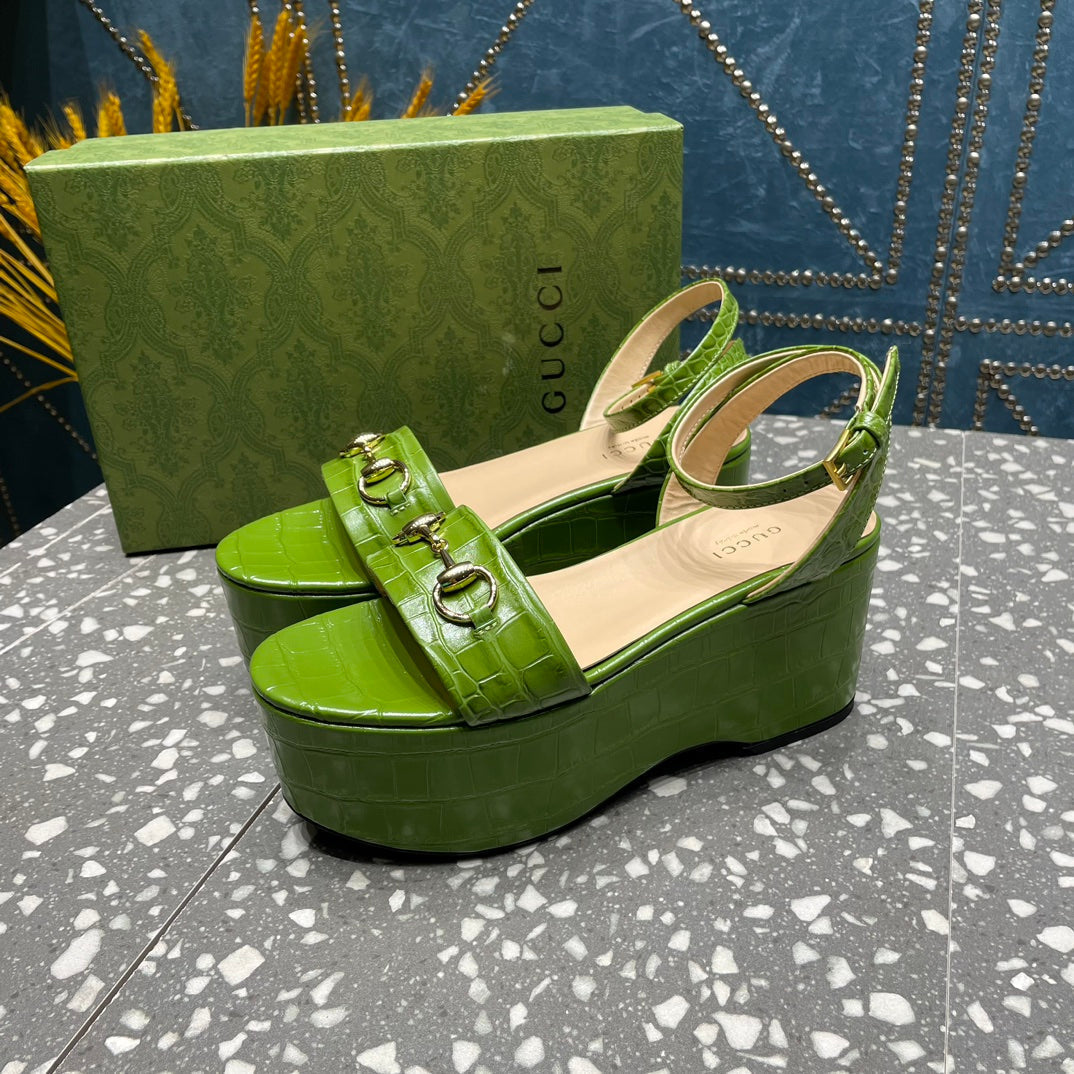 GG HORSEBIT FLATFORM SANDAL GREEN CALFSKIN