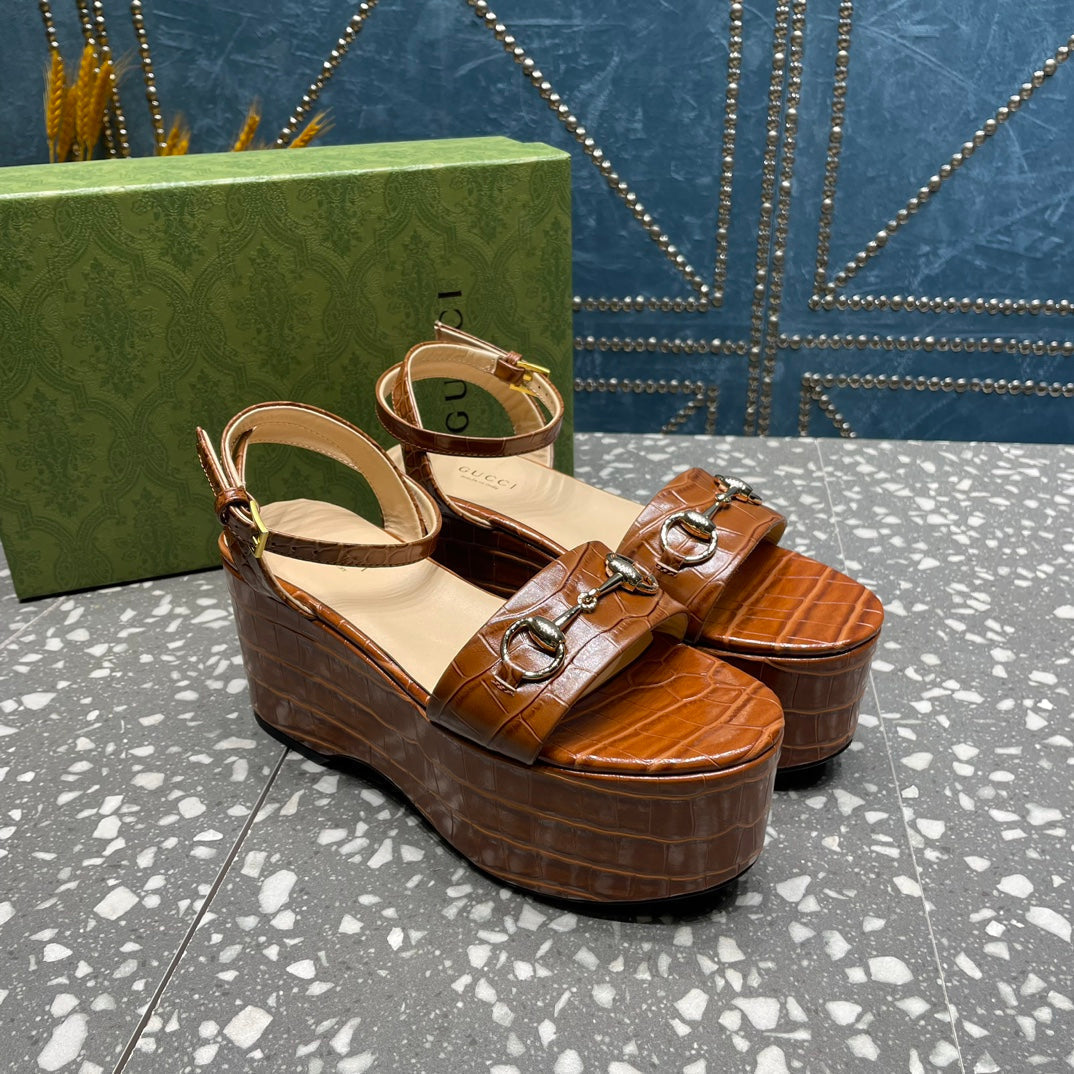 GG  HORSEBIT FLATFORM SANDAL CARAMEL CALFSKIN