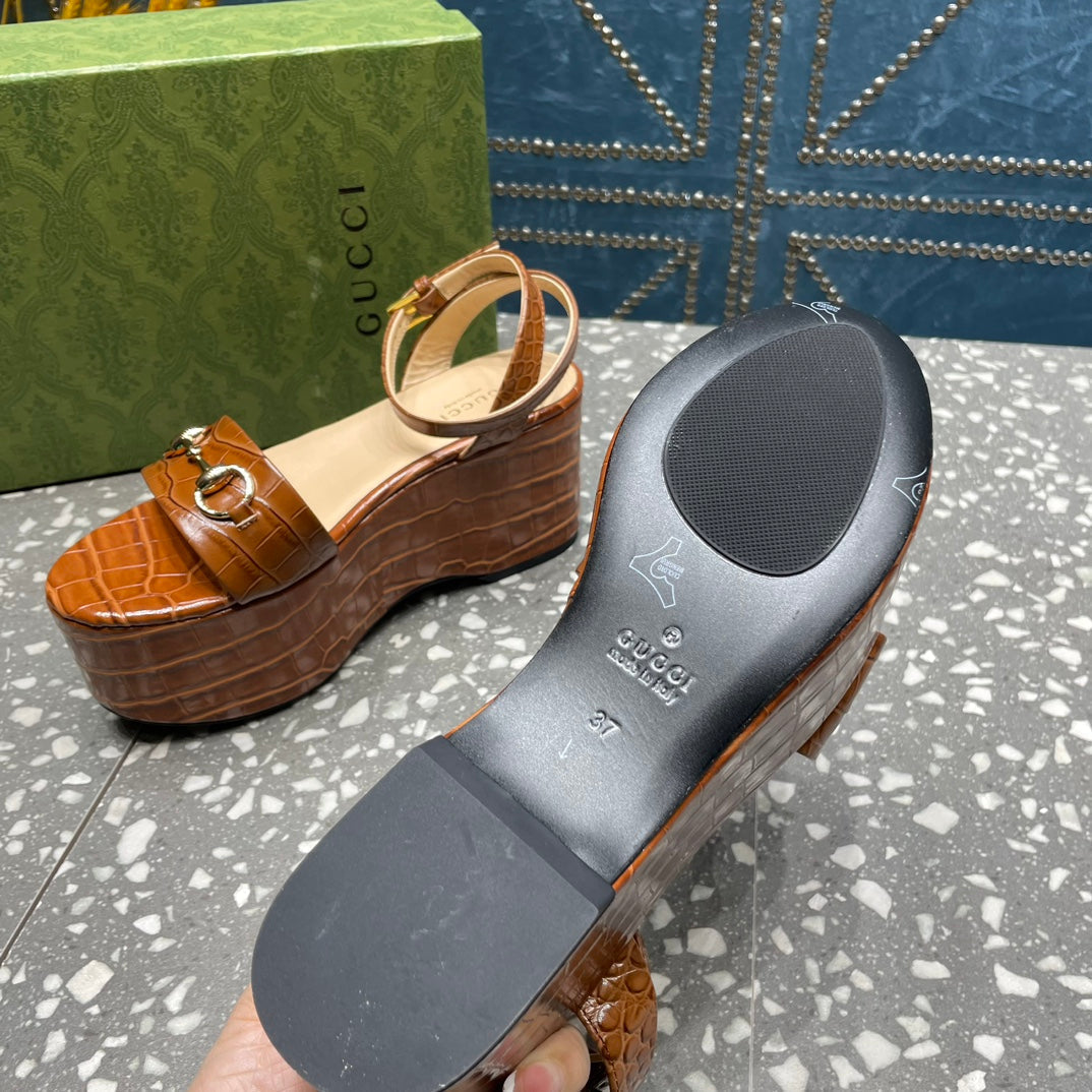 GG  HORSEBIT FLATFORM SANDAL CARAMEL CALFSKIN