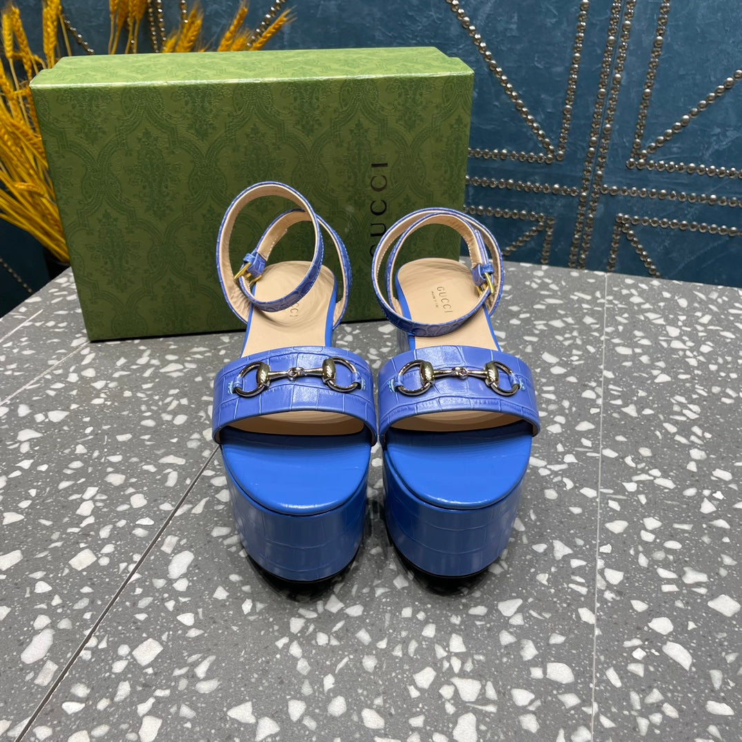 GG  HORSEBIT FLATFORM SANDAL COBALT CALFSKIN