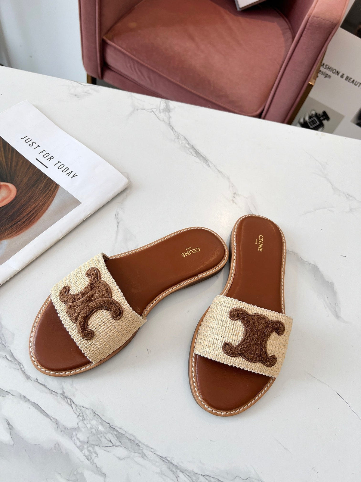Celine 25C Slippers Beige mix Coffee Fabric with Calfskin 238149