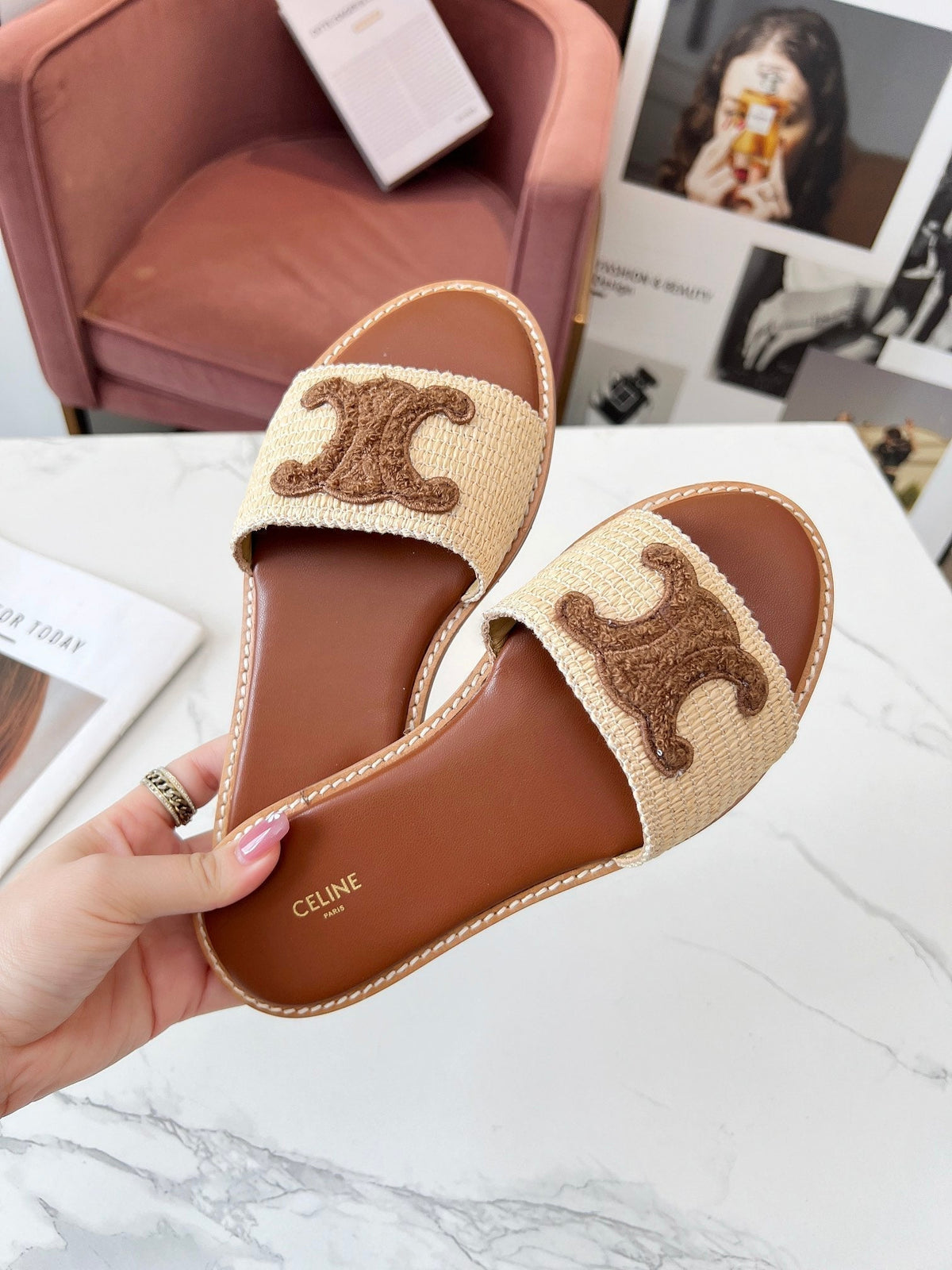 Celine 25C Slippers Beige mix Coffee Fabric with Calfskin 238149