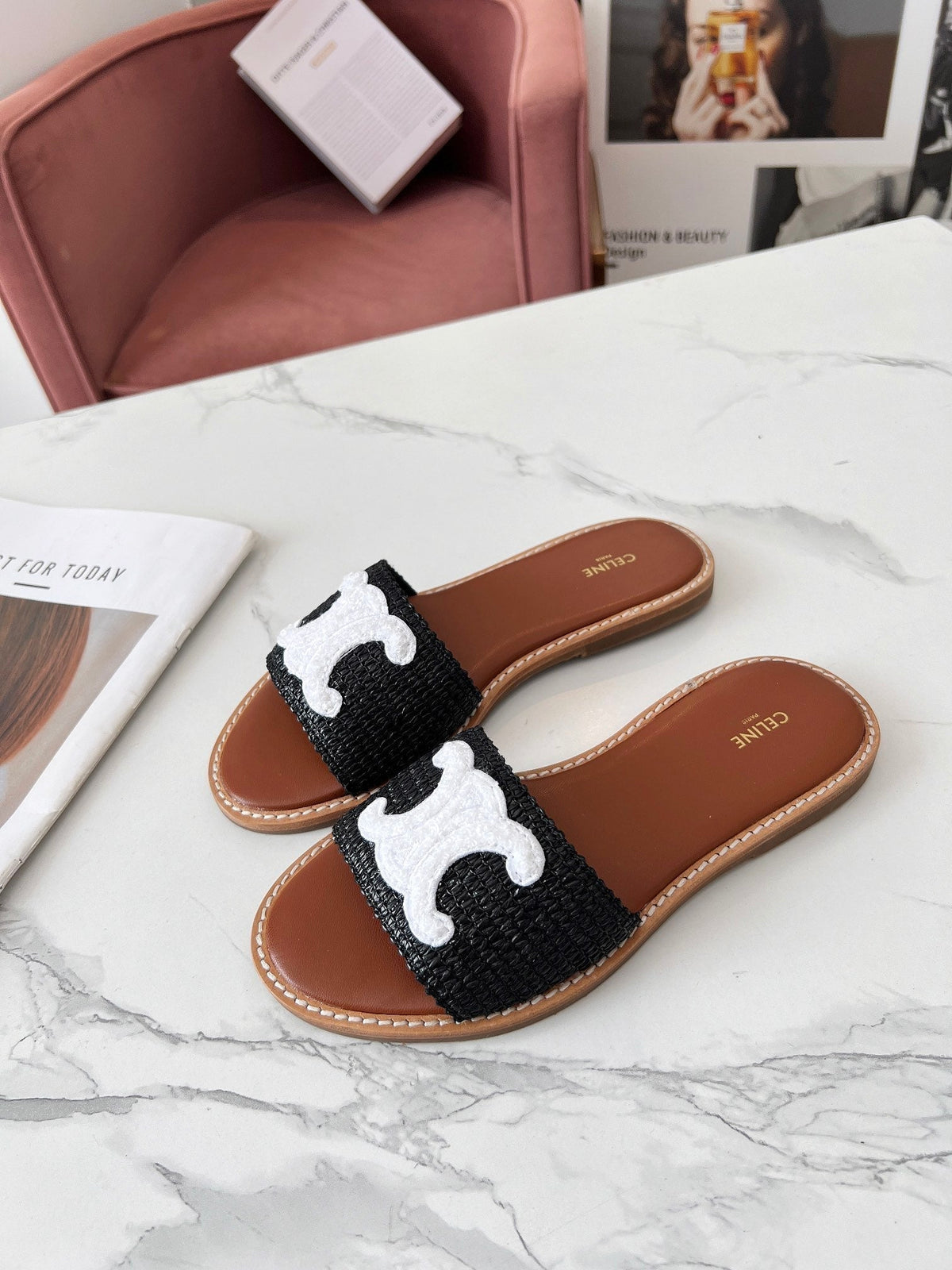 Celine 25C Slippers Black mix White Fabric with Calfskin 238151