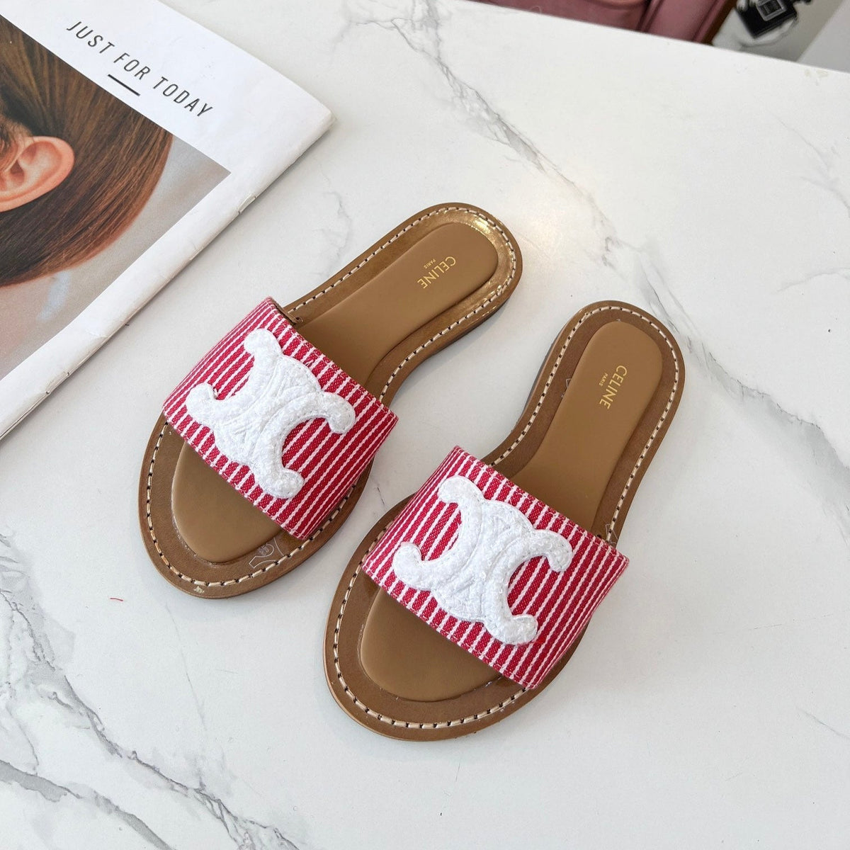 Celine 25C Slippers Red mix White Fabric with Calfskin 238167