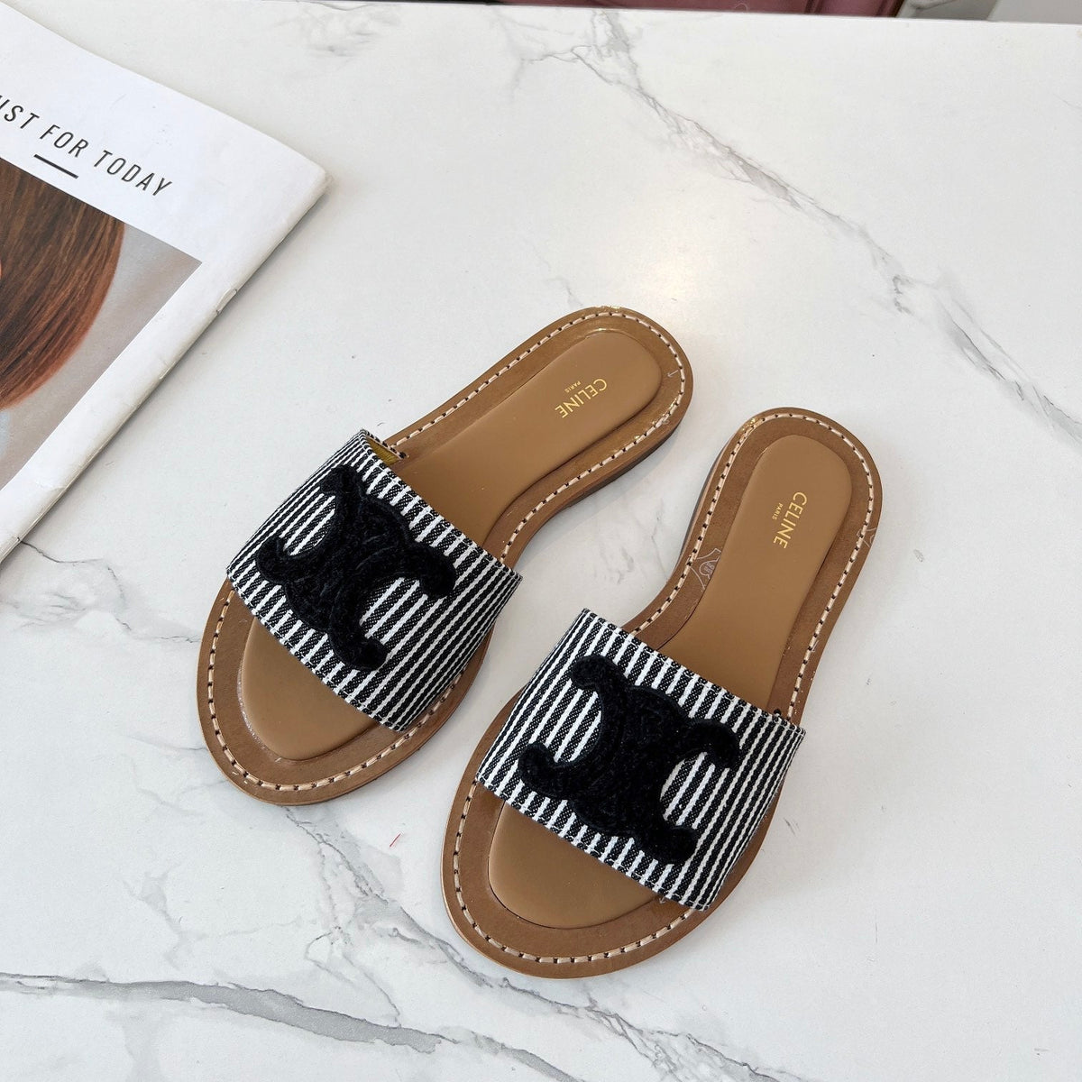 Celine 25C Slippers Black Fabric with Calfskin 238168