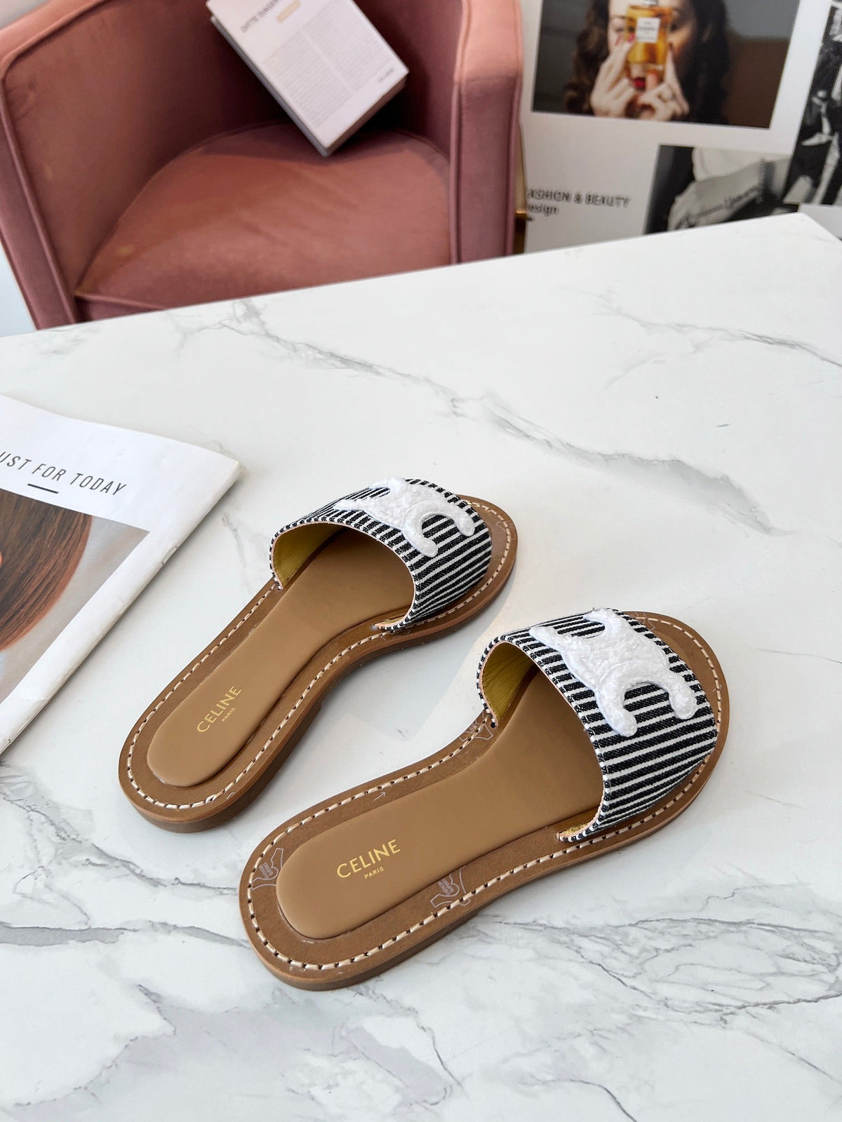 Celine 25C Slippers Black mix White Fabric with Calfskin 238169