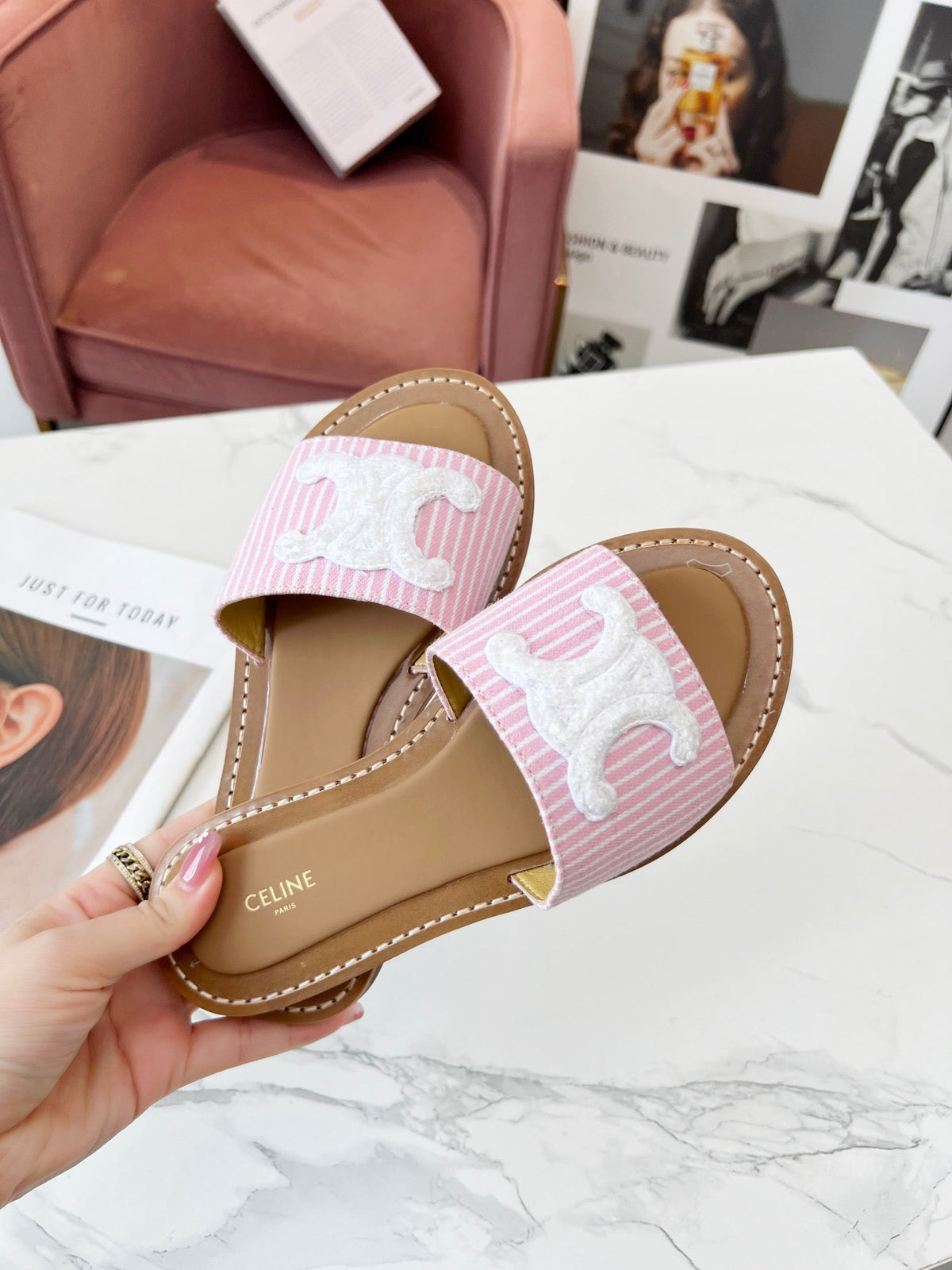 Celine 25C Slippers Pink mix White Fabric with Calfskin 238164