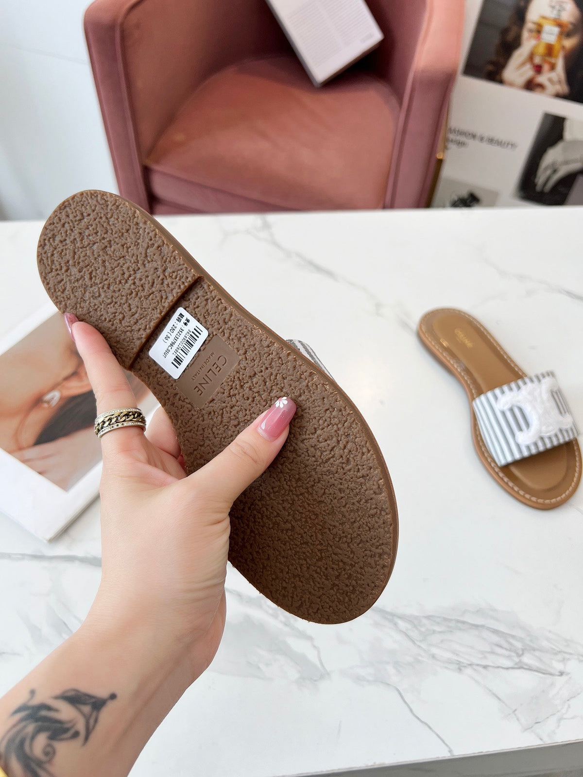 Celine 25C Slippers Gray mix White Fabric with Calfskin 238171