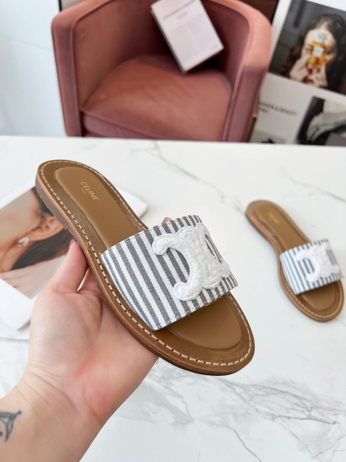 Celine 25C Slippers Gray mix White Fabric with Calfskin 238171
