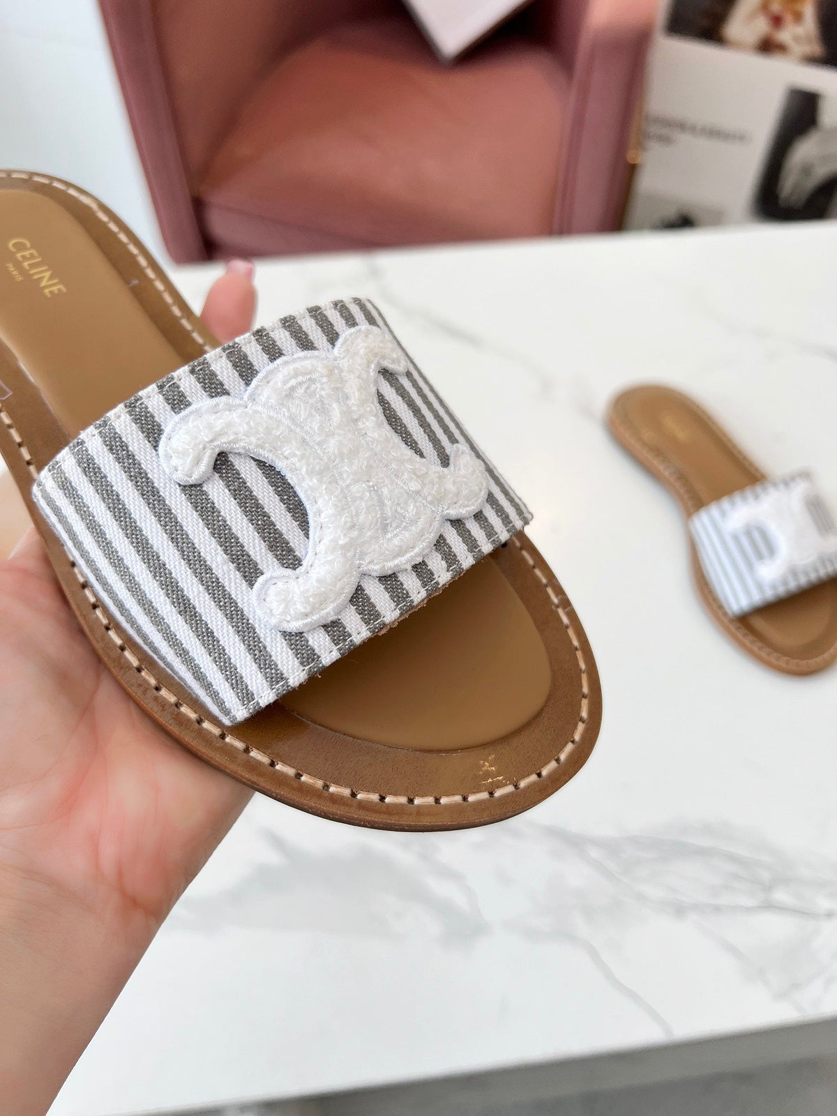 Celine 25C Slippers Gray mix White Fabric with Calfskin 238171