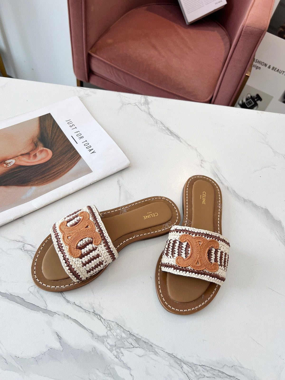 Celine 25C Slippers Beige mix Cantaloupe Fabric with Calfskin 238159