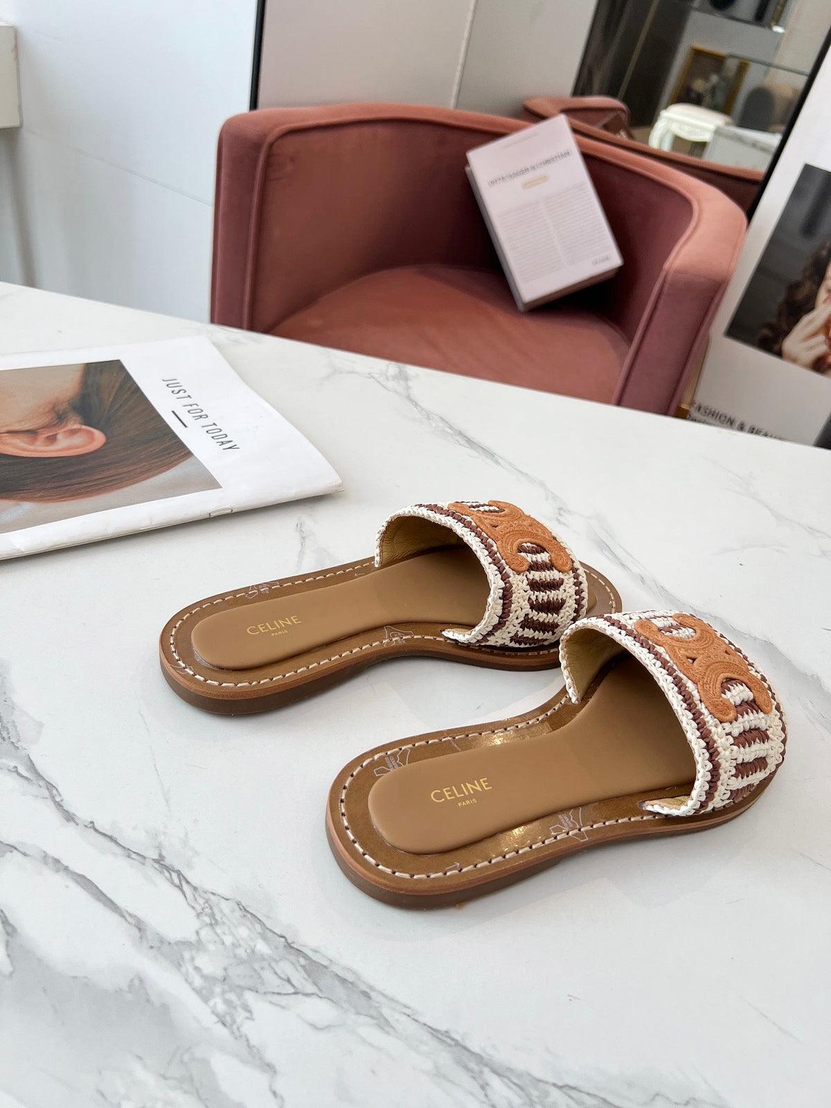 Celine 25C Slippers Beige mix Cantaloupe Fabric with Calfskin 238159