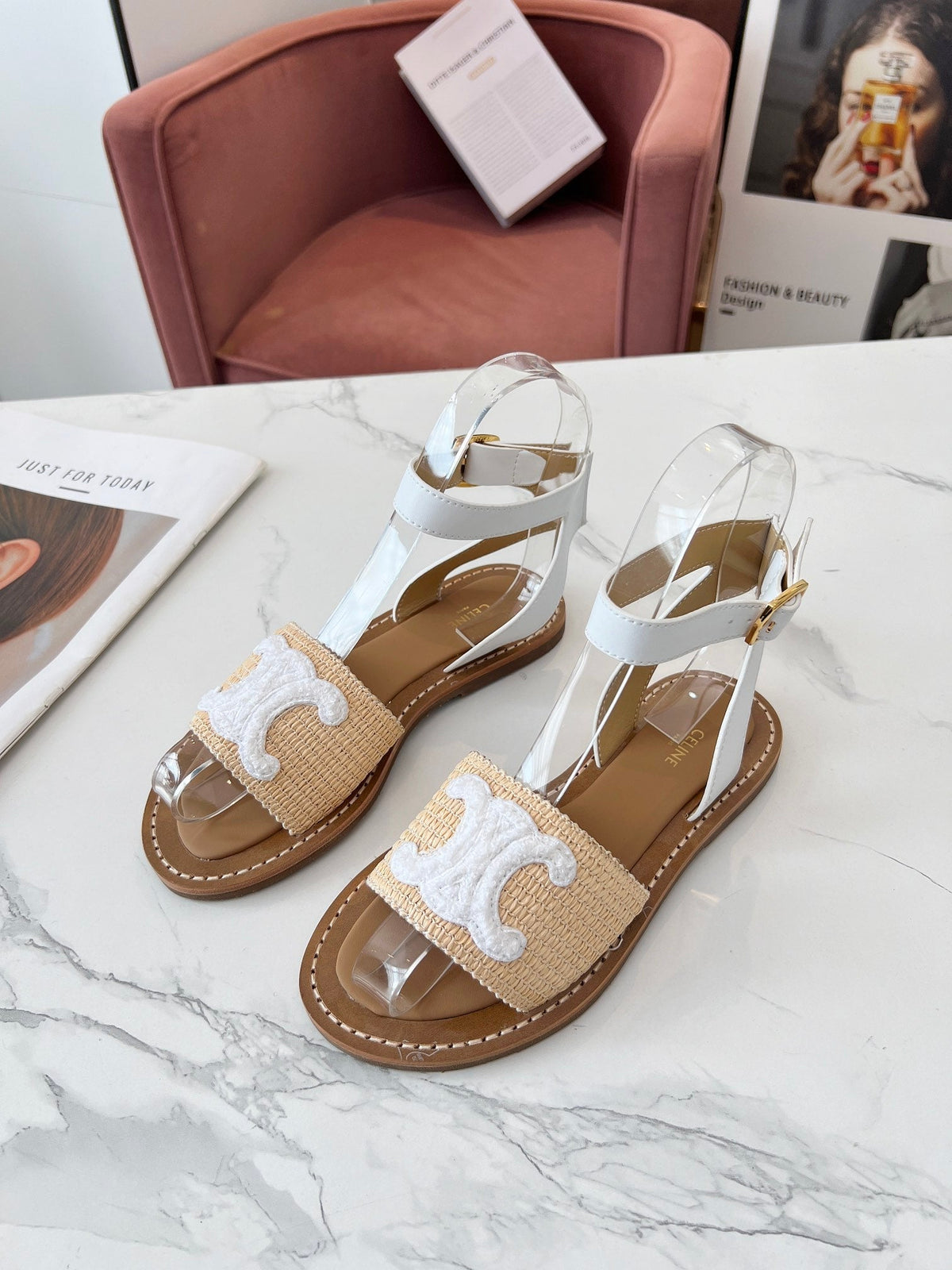 Celine 25C Lympia Sandal Beige mix White Fabric with Calfskin 238161