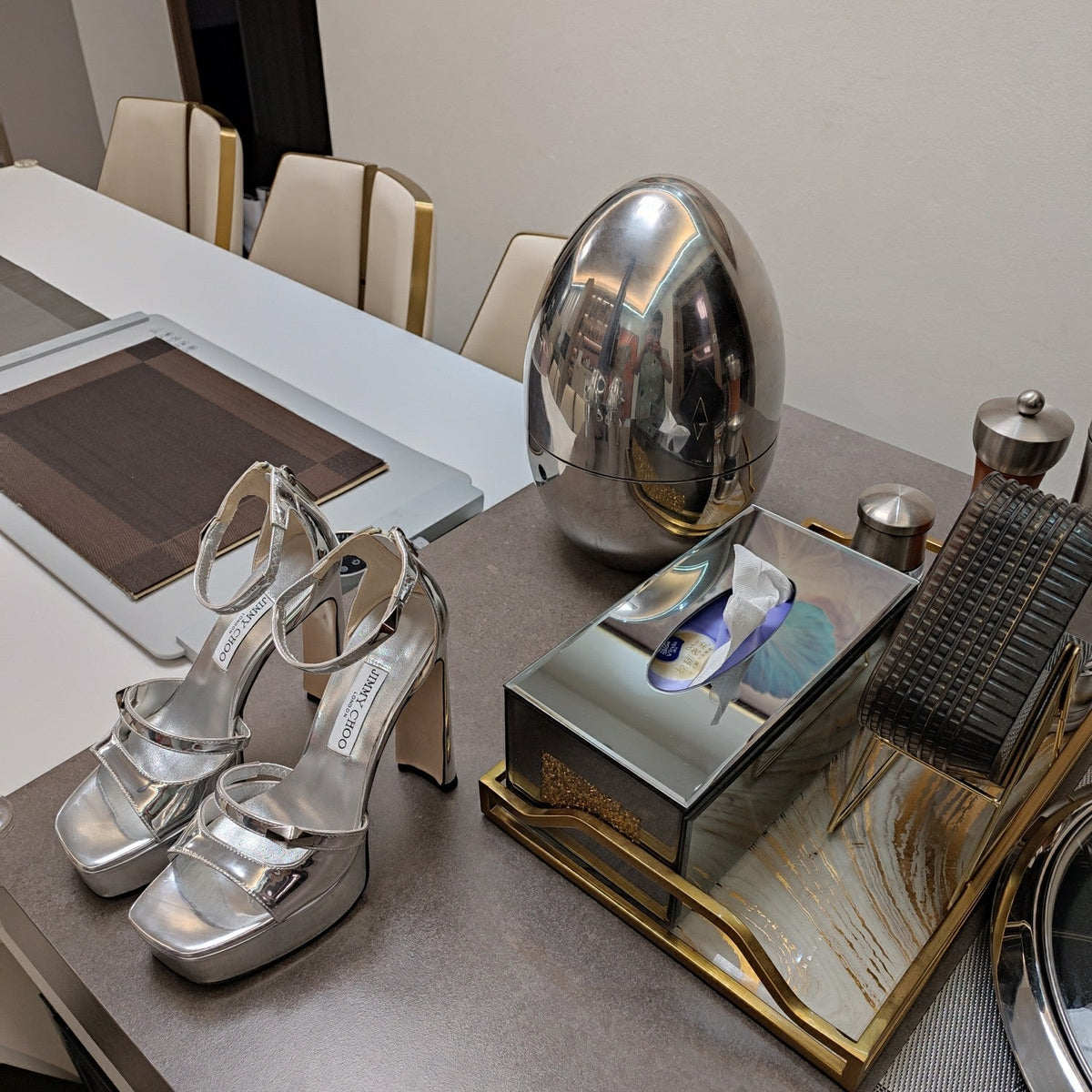 Jimmy 25 Platform Sandal Heels Silver Mirror TPU Material 240008