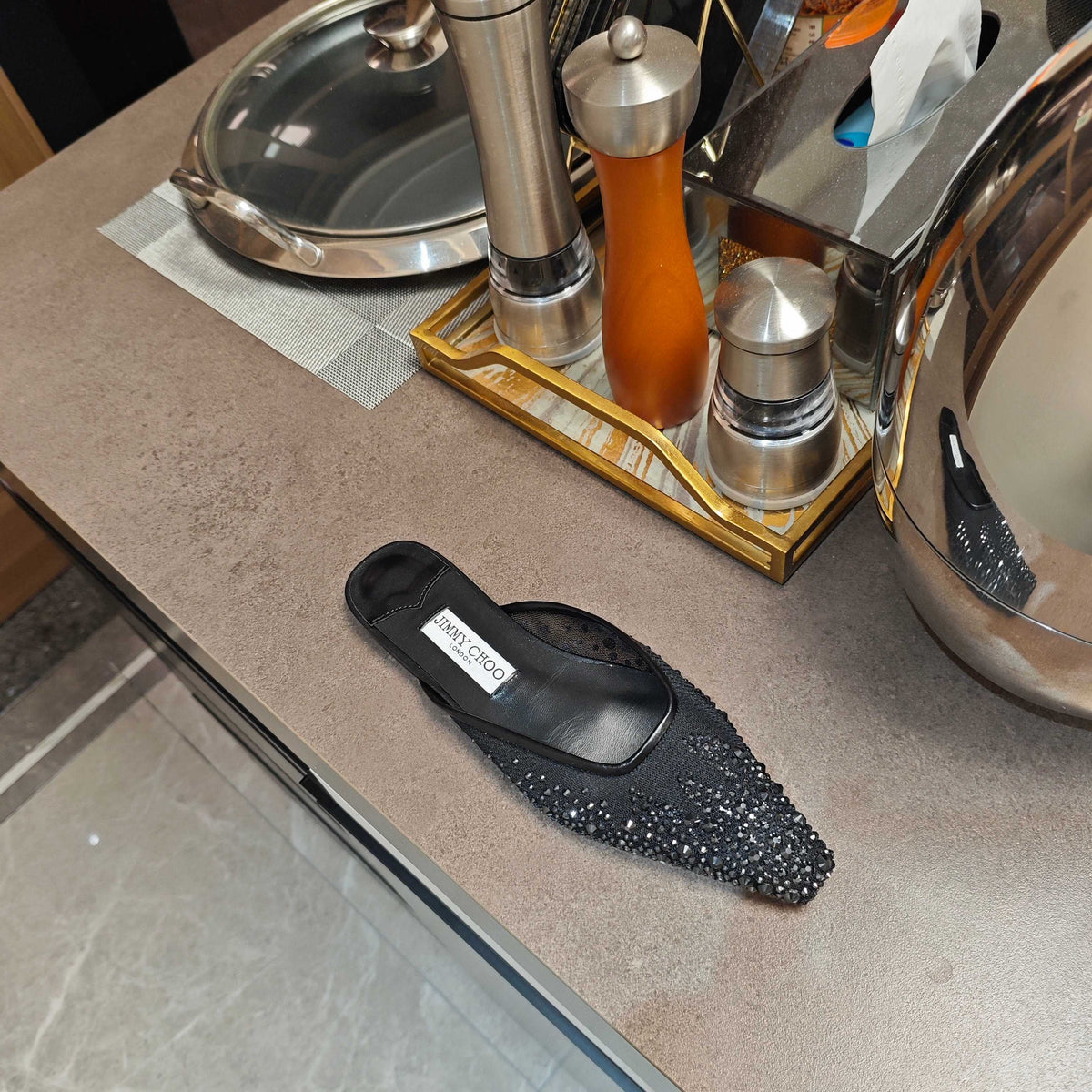 Jimmy 25 Mule Flats Black Mesh Gauze 240055