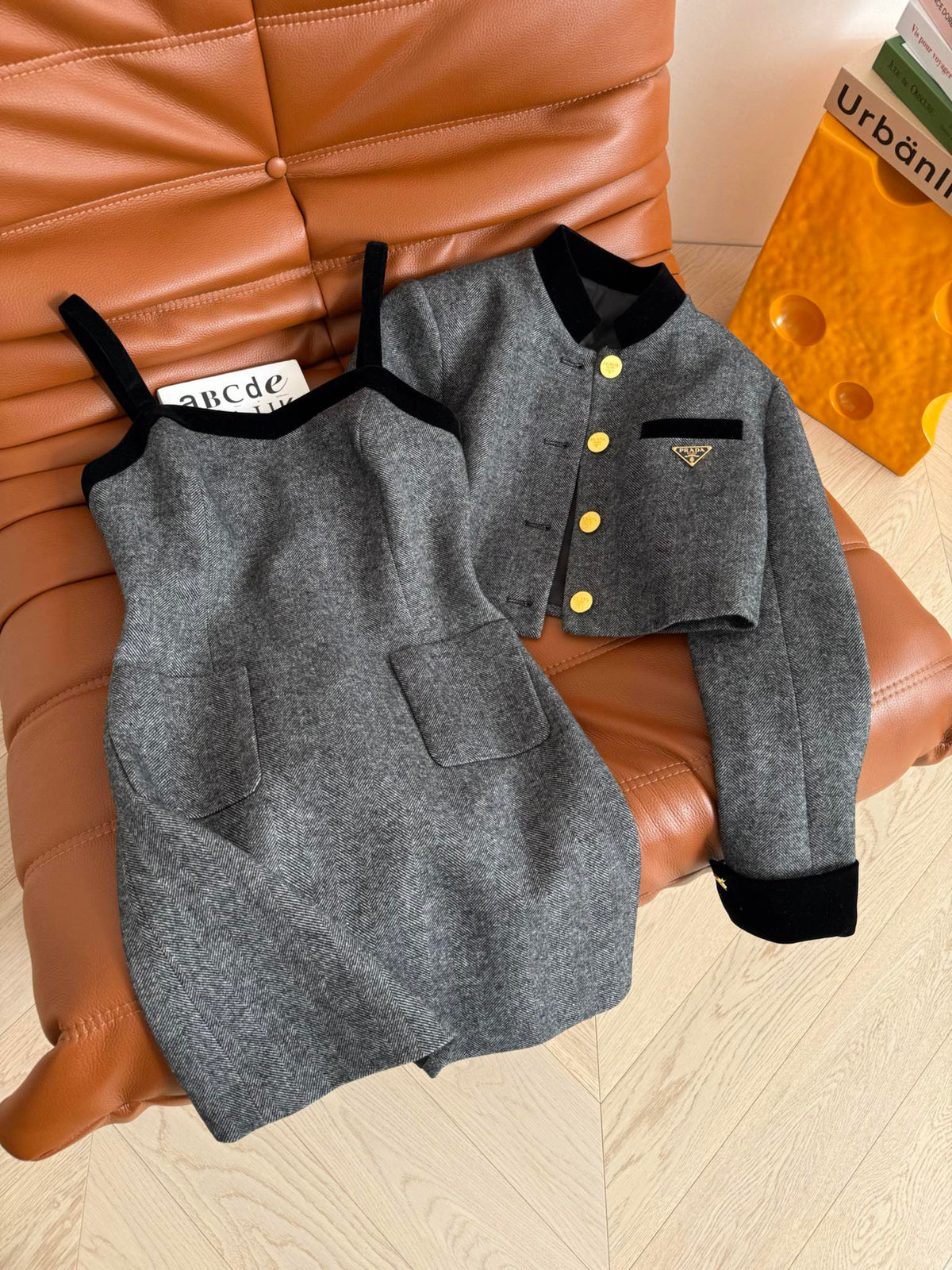 Prada 25 Dress and Jacket Set Gray Wool Polyester