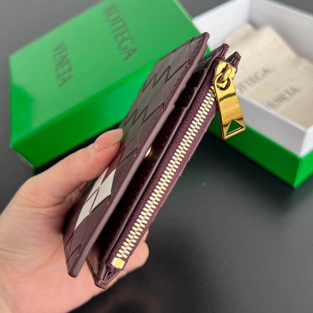 INTRECCIATO 11.5cm WALLET IN BURGUNDY WHITE  CALFSKIN 545184
