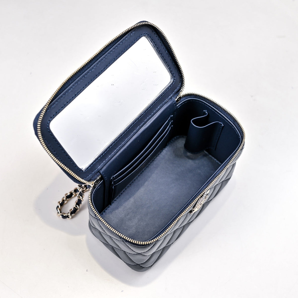 CC 24K Vanity Top Handle 17cm Blue Lambskin Silver Hardware