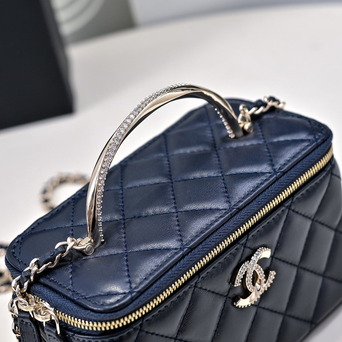 CC 24K Vanity Top Handle 17cm Blue Lambskin Silver Hardware