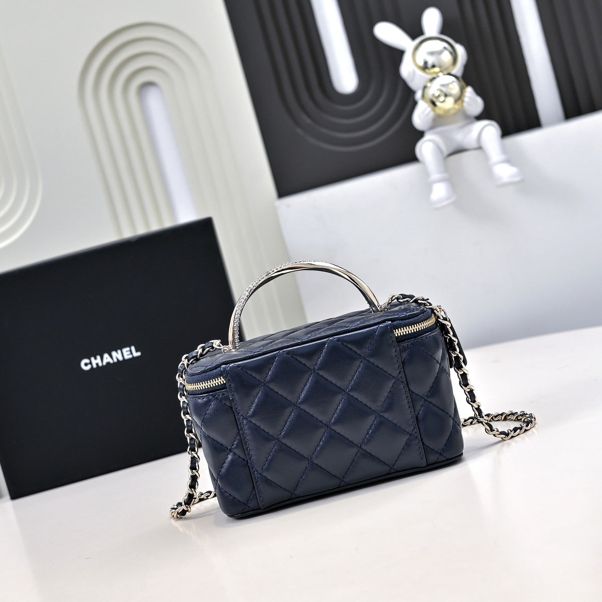 CC 24K Vanity Top Handle 17cm Blue Lambskin Silver Hardware