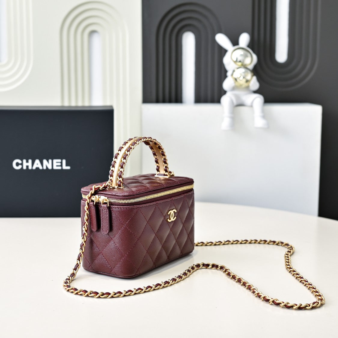 CC 24A Vanity Top Handle 16cm Burgundy Grained Calfskin Gold Hardware