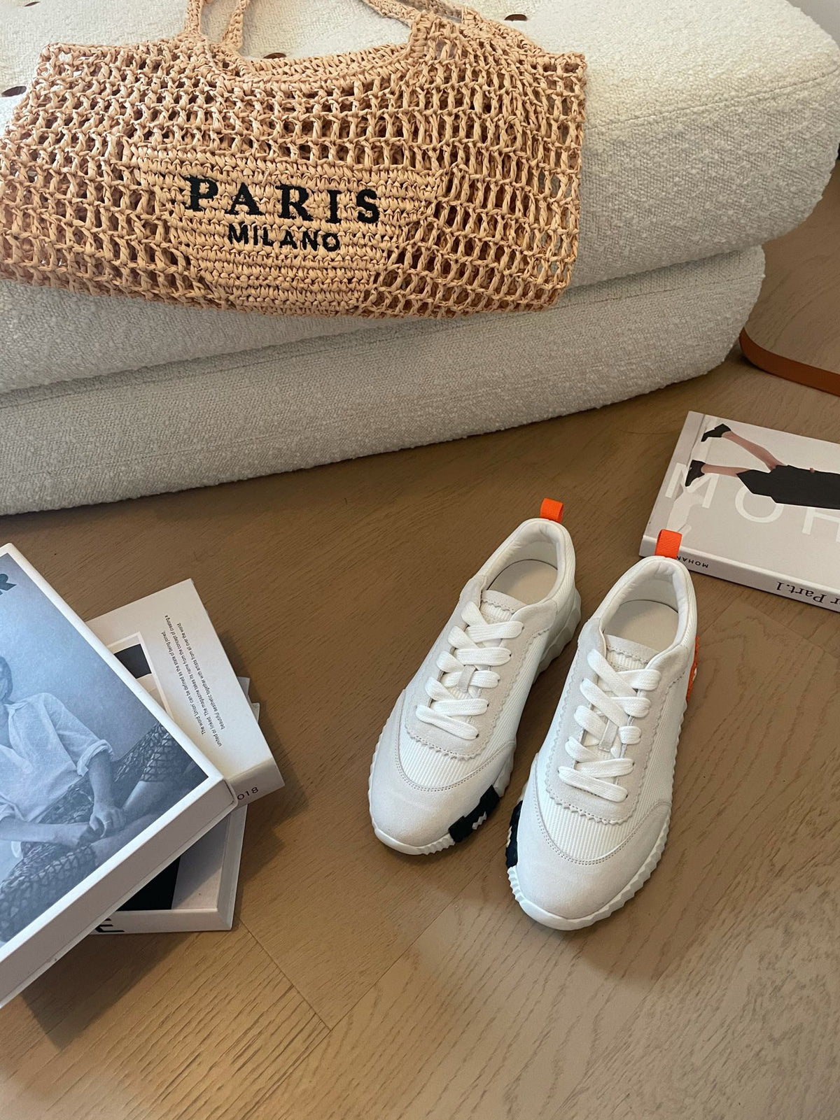 HM Bouncing 35 Sneakers White Canvas & Suede Goatskin H Black Orange