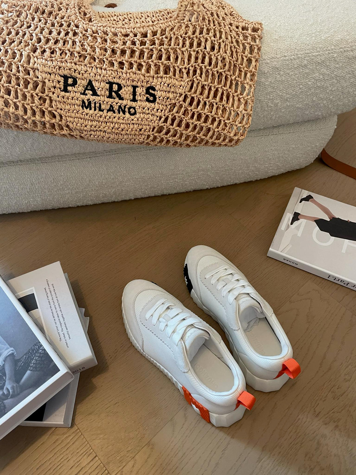 HM Bouncing 35 Sneakers White Canvas & Suede Goatskin H Black Orange