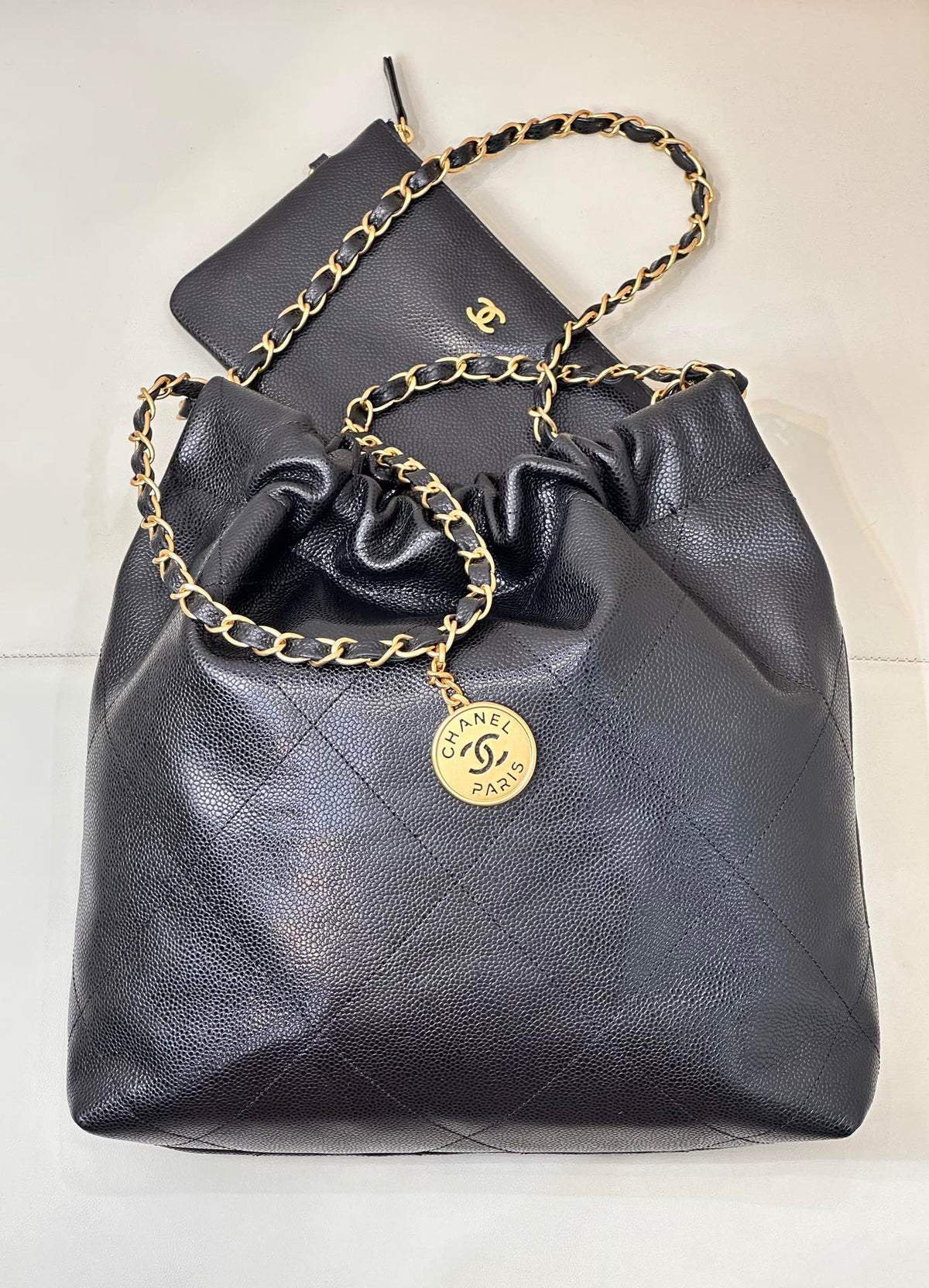 CC 22 Hobo Bag 35cm Black Grained Calfskin Gold Hardware