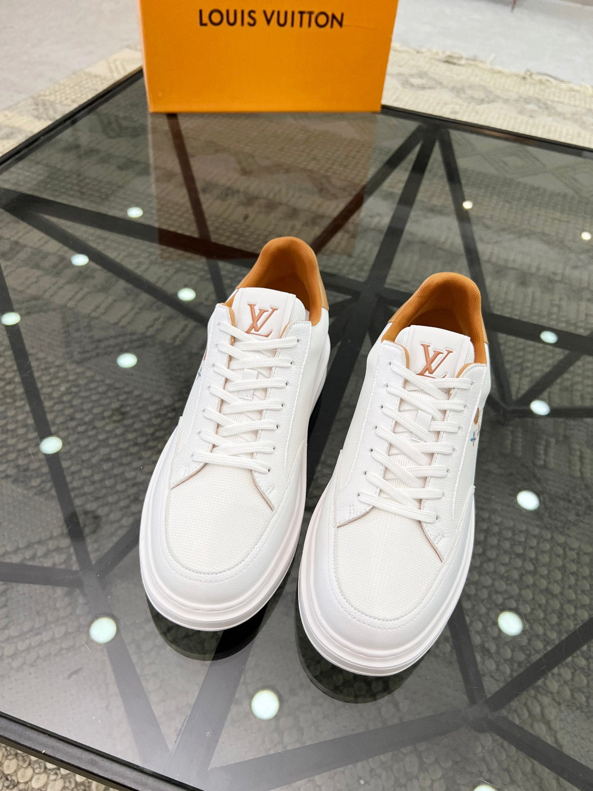 BEVERLY HILLS TRAINERS WHITE MIX BROWN CALFSKIN AND MESH FABRIC